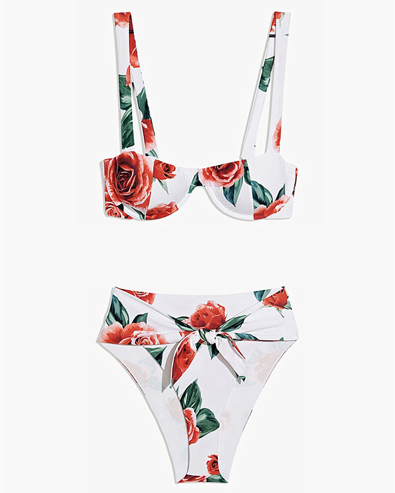 floral underwire bikini set with a high-waisted bottom and tie front detail, available at Eternal Gleams.