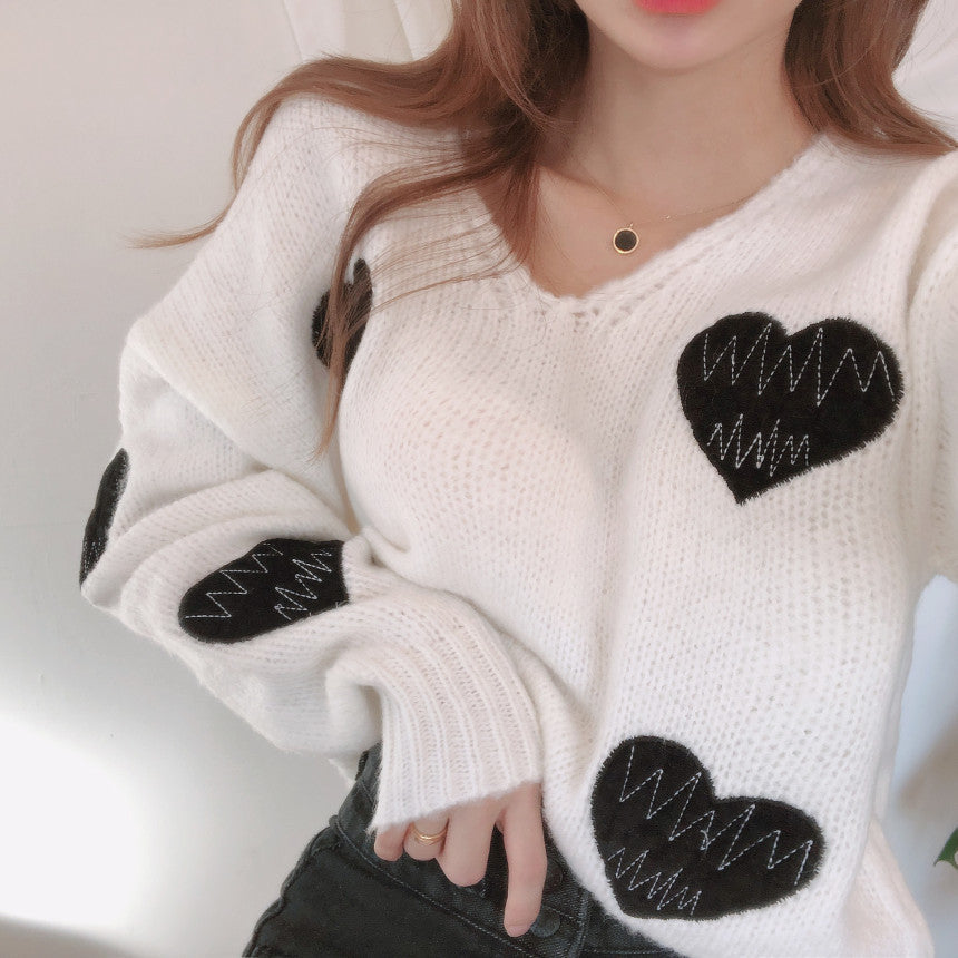 Women's V-neck Heart-shaped Embroidered Sweater Top from Eternal Gleams