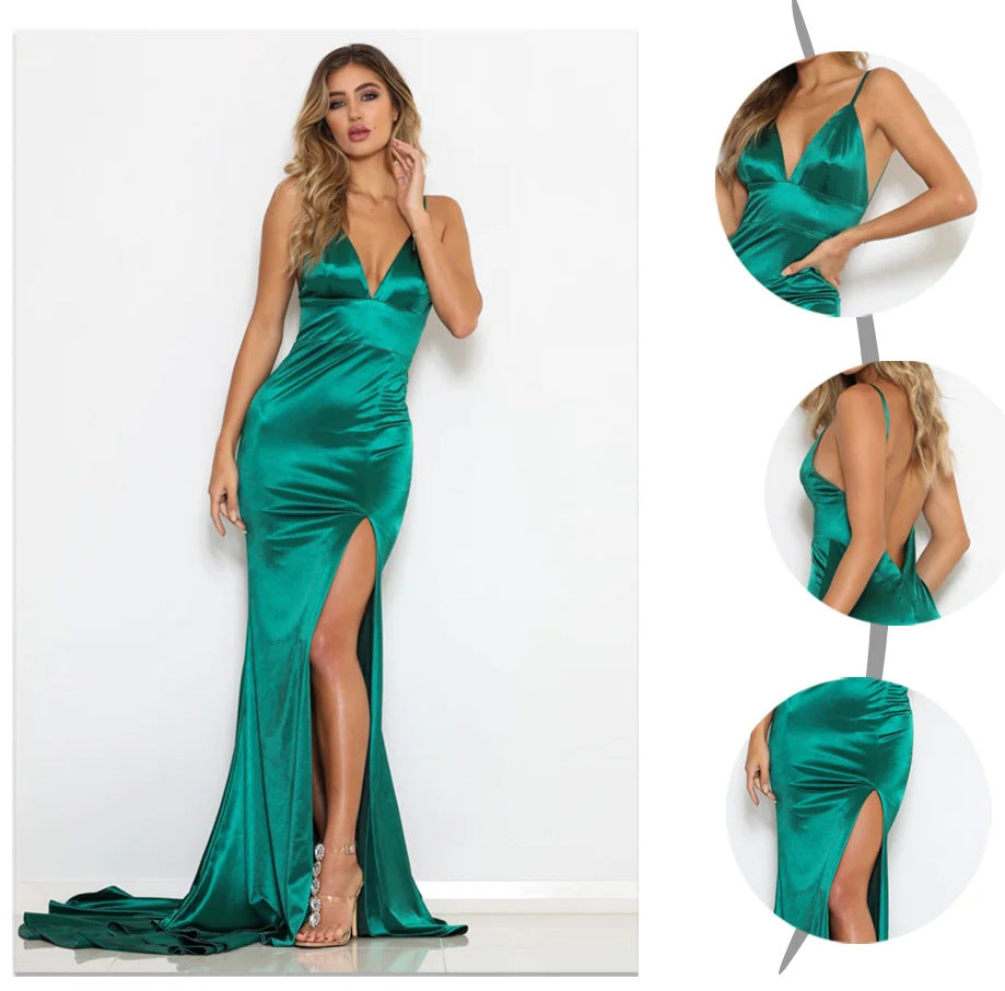 Enchanting Emerald V-neck Evening Dress from Eternal Gleams