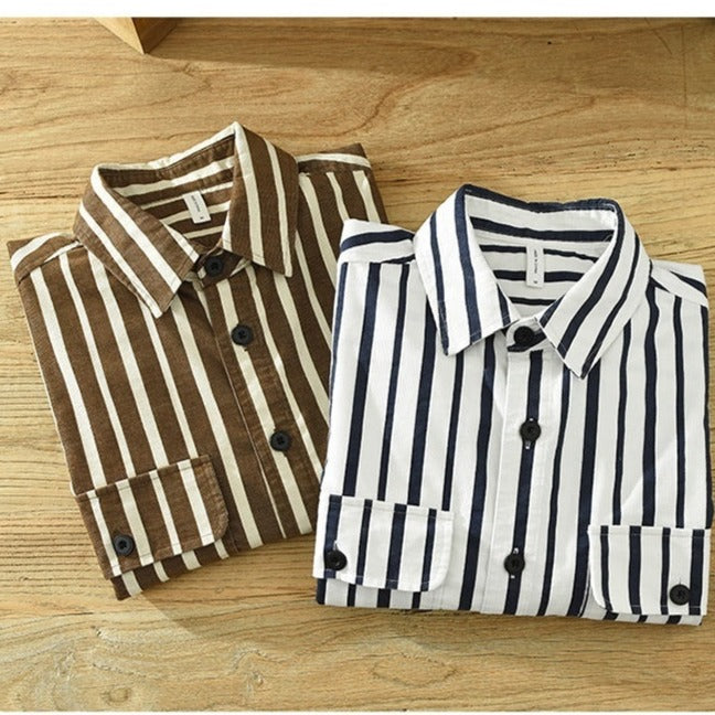 Youth Loose Fit Striped Cotton Cardigan Shirt - Japanese Retro Style, Available in White and Brown | Eternal Gleams