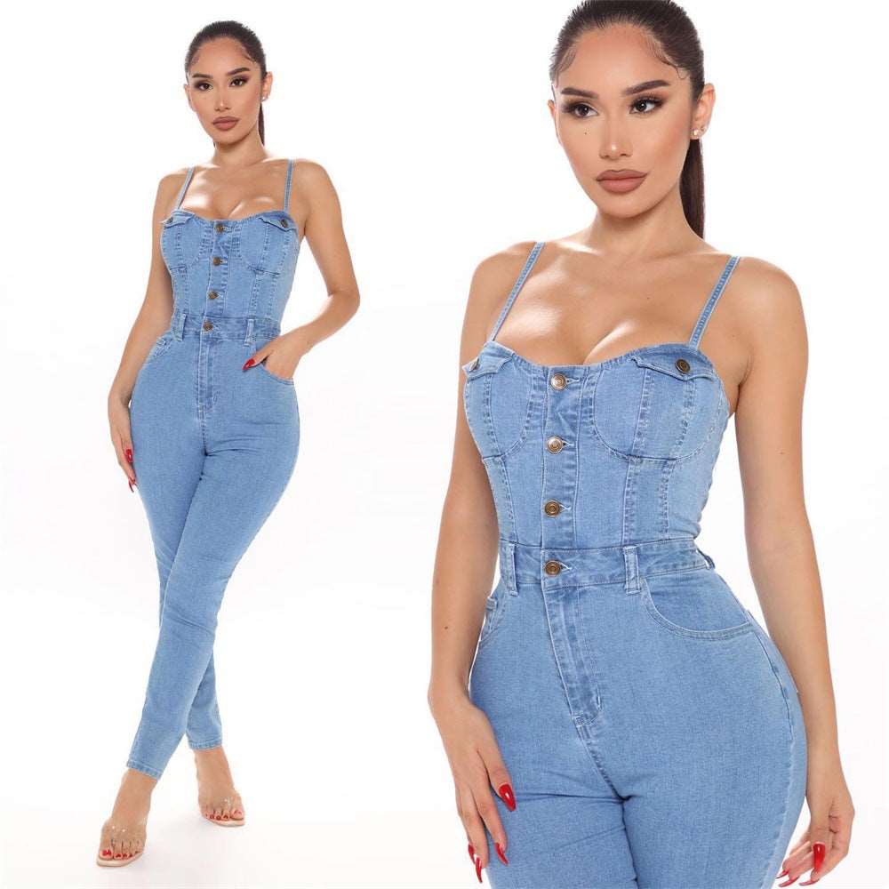 Casual Nightclub Women's High Elastic Denim Jumpsuit