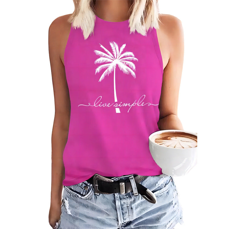 Coconut Tree Printed Crew Neck Casual Sleeveless T-shirt Women's Vest from Eternal Gleams