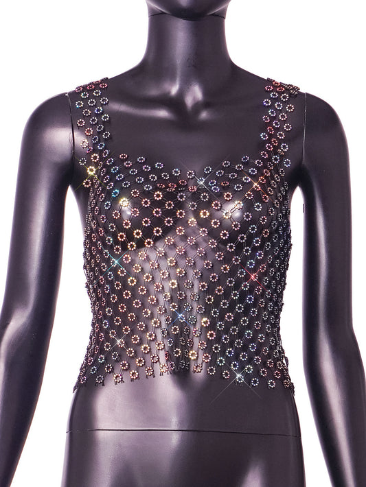 Women's Sexy Hot Hollow Mesh Rhinestone Small Top Vest from Eternal Gleams