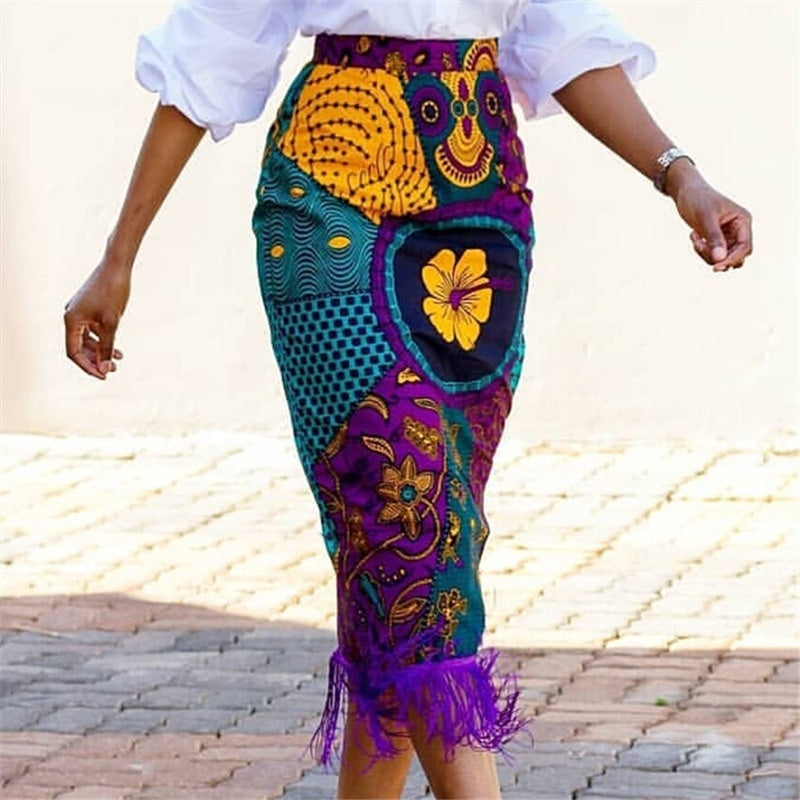 Taille haute imprimé couture gland hanche transfrontalière grande taille jupe de fête pour femmes
