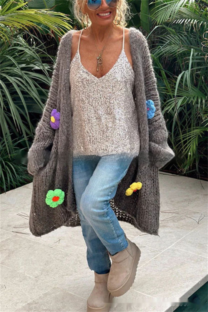 Hand Crocheting Flowers Long Cardigan Jacket Idle Style Casual Loose Women's Sweater