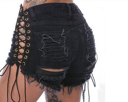 Graveyard Ripped Lace-Up Shorts - Edgy and Stylish Summer Wear from Eternal Gleams