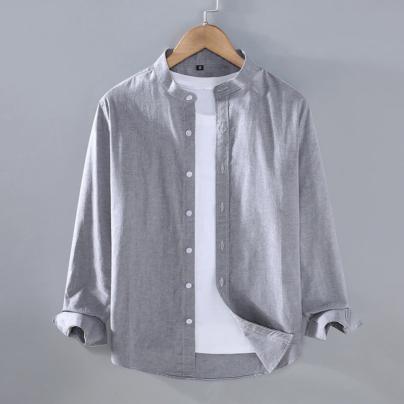 Men's Thin Stand-Up Collar Long Sleeve Shirt - Pure Cotton, Multiple Colors | Available at Eternal Gleams