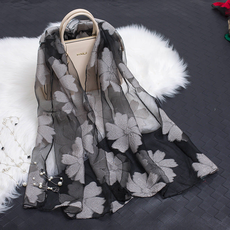 Floral Elegance: Hollow Silk Scarf from Eternal Gleams