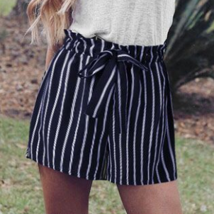 SweatyRocks Black High Waist Bow Decor Striped Paperbag Shorts Women Streetwear Wide Leg Casual Shorts Womens Summer Shorts
