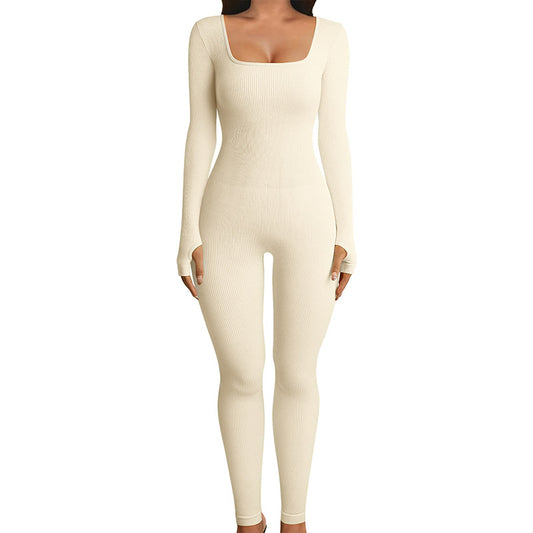 Seamless long sleeve shapewear hip lift yoga jumpsuit in black, white, and coffee | Eternal Gleams