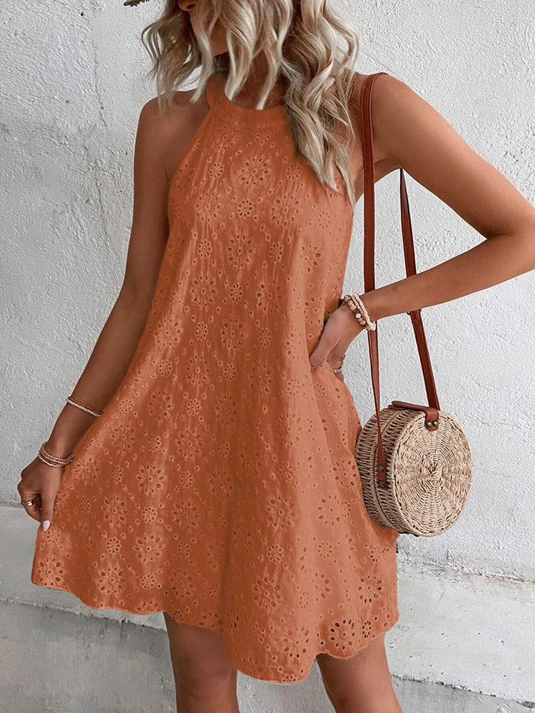 Summer New Women's Lace Solid Color Sleeveless Button Dress from Eternal Gleams