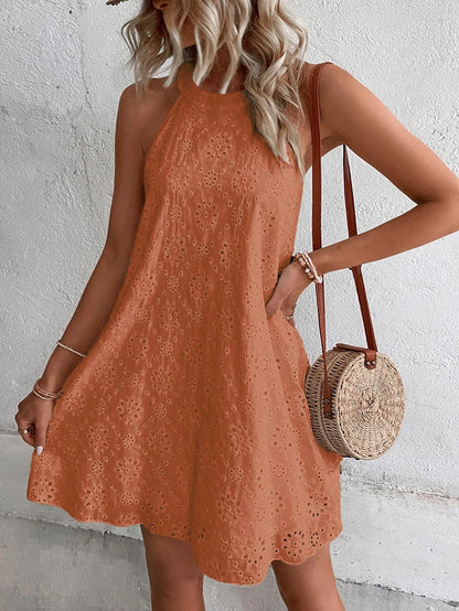 Summer New Women's Lace Solid Color Sleeveless Button Dress