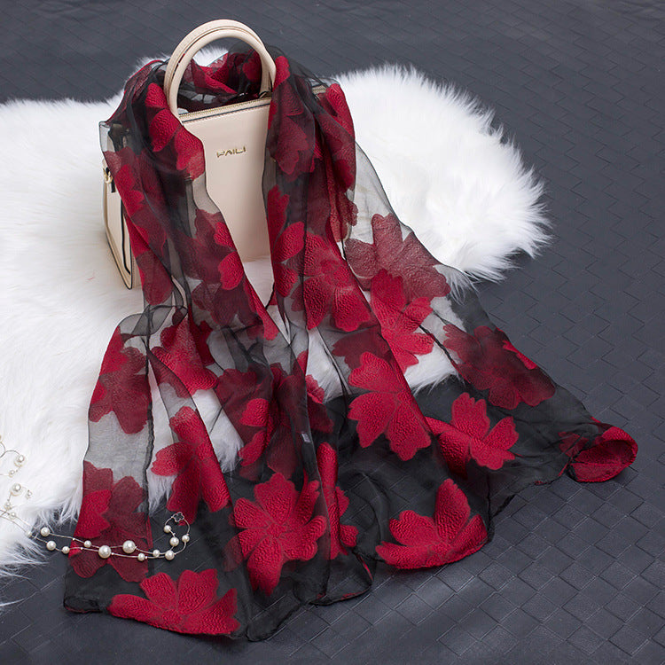 Floral Elegance: Hollow Silk Scarf from Eternal Gleams