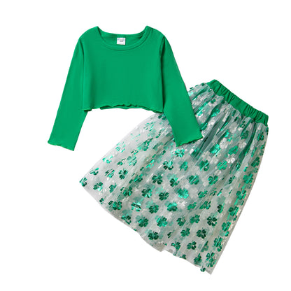 Girls' Ethnic Style Long Sleeve Top And Shorts Tulle Skirt Side Two-piece Set