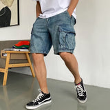 Men's retro casual PU high-end denim workwear shorts in blue from Eternal Gleams