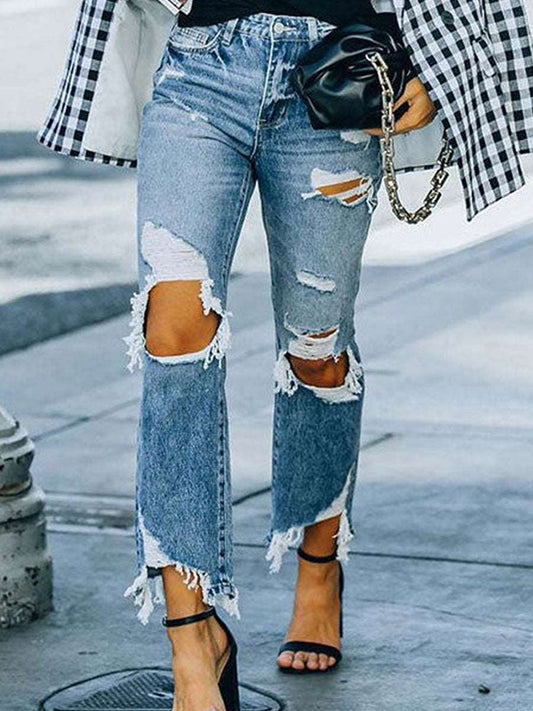 Autumn Ripped Jeans For Women European And American Personalized Knee-exposed Tight High Waist Trousers For Women