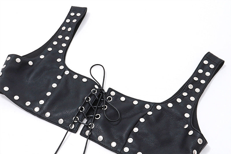 Women's Fall PU Leather Rivet Low Cut Lace-up Backless Camisole from Eternal Gleams