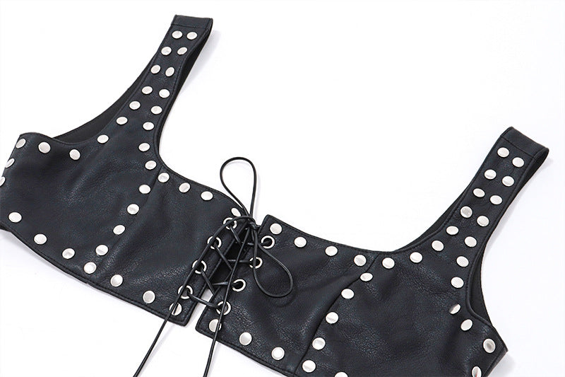 Women's Fall PU Leather Rivet Low Cut Lace-up Backless Camisole