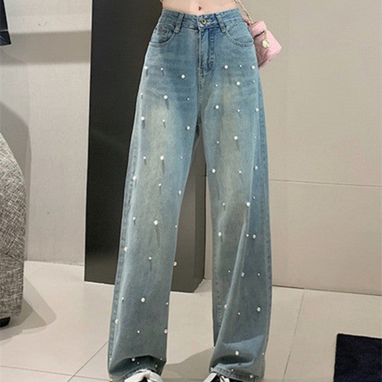 Pearl Straight Jeans High Waist Slim-fit Wide-leg Pants Women from Eternal Gleams