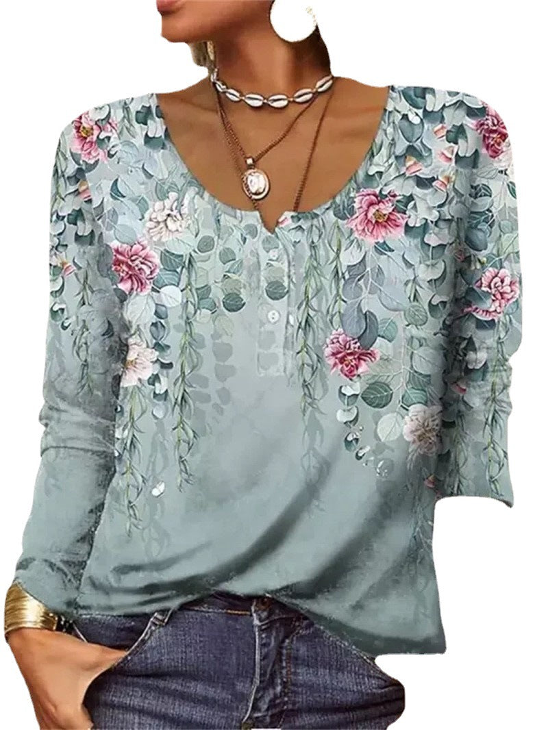 Lockeres, langärmliges Damen-T-Shirt mit geometrischem Blumenmuster und U-Ausschnitt und Knöpfen
