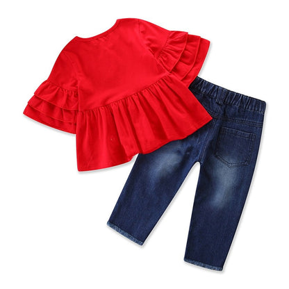 Chic Girls' Trumpet Sleeve Top & Embroidered Jeans Set