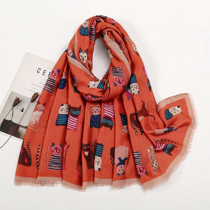 Autumn And Winter Polyester Long Scarf Female Cartoon Cat