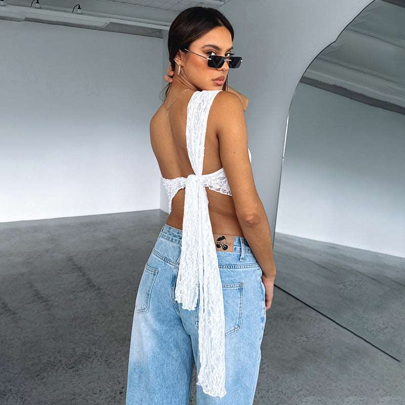 Sloped Neck Lace Backless Top: Streetwear Chic