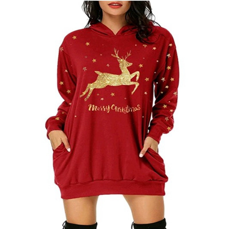 Christmas hot sale printed mid-length pocket hooded long-sleeved sweater from Eternal Gleams