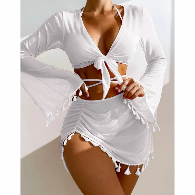 4pcs Solid Color Bikini Set with Short Skirt and Long Sleeve Cover-Up in various colors from Eternal Gleams