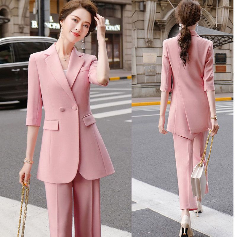 Women's mid-length three-quarter sleeve blazer suit in pink from Eternal Gleams. Elegant and stylish workwear, available in sizes S to 4XL, perfect for professional and casual settings. Comfortable polyester and spandex blend fabric.