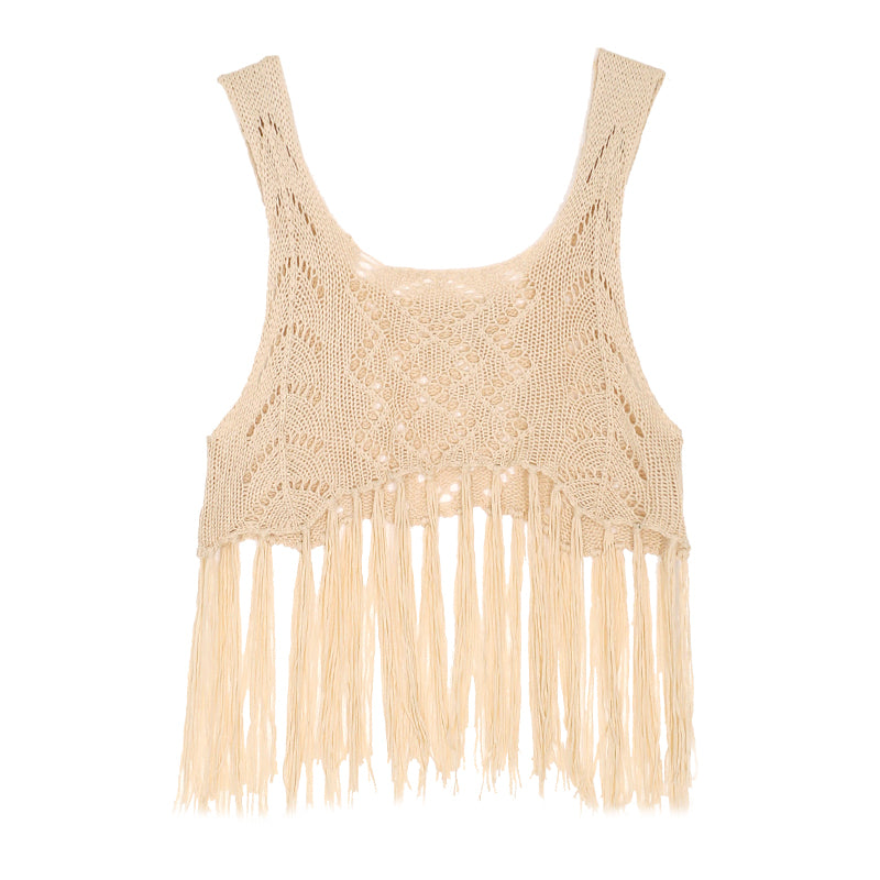 Bohemian Fringe Halter Top Hollowed-out Knit Vest from Eternal Gleams