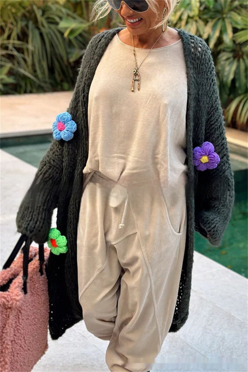 Veste Cardigan longue avec fleurs au crochet à la main, Style inactif, pull ample décontracté pour femmes