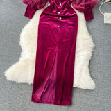 Opulent Elegance: Vintage Velvet Lantern Sleeve Dress in Rose Red from Eternal Gleams