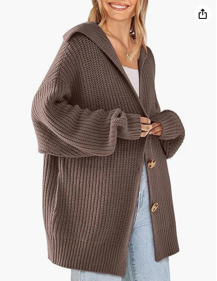 Women's Lapel Pocket Knitted Cardigan Button Mid-length Coat