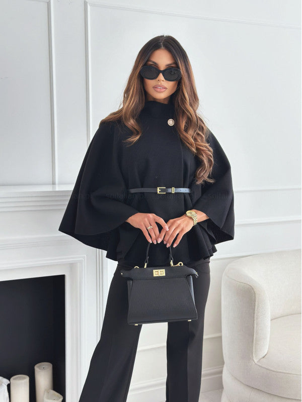 Stylish black woolen cloak for women with batwing sleeves, stand collar, and adjustable belt. Perfect outerwear for a trendy look.
