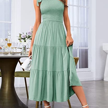 Chic Summer Splendor: Women's One-Shoulder Pleated Dress from Eternal Gleams