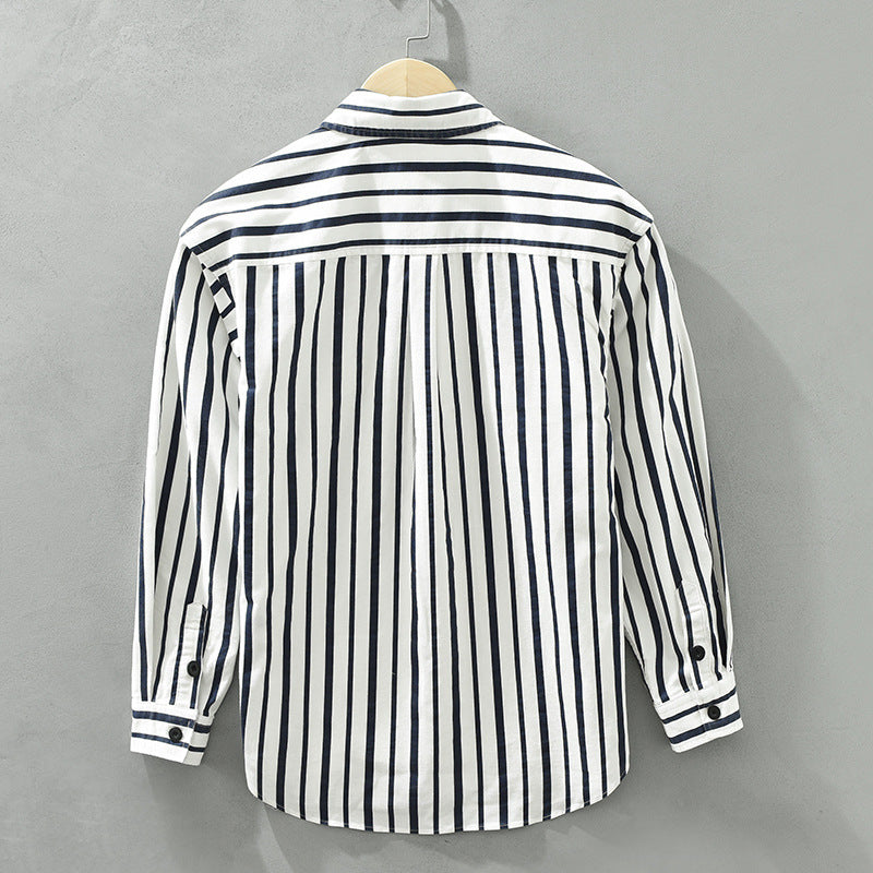 Youth Loose Fit Striped Cotton Cardigan Shirt - Japanese Retro Style, Available in White and Brown | Eternal Gleams