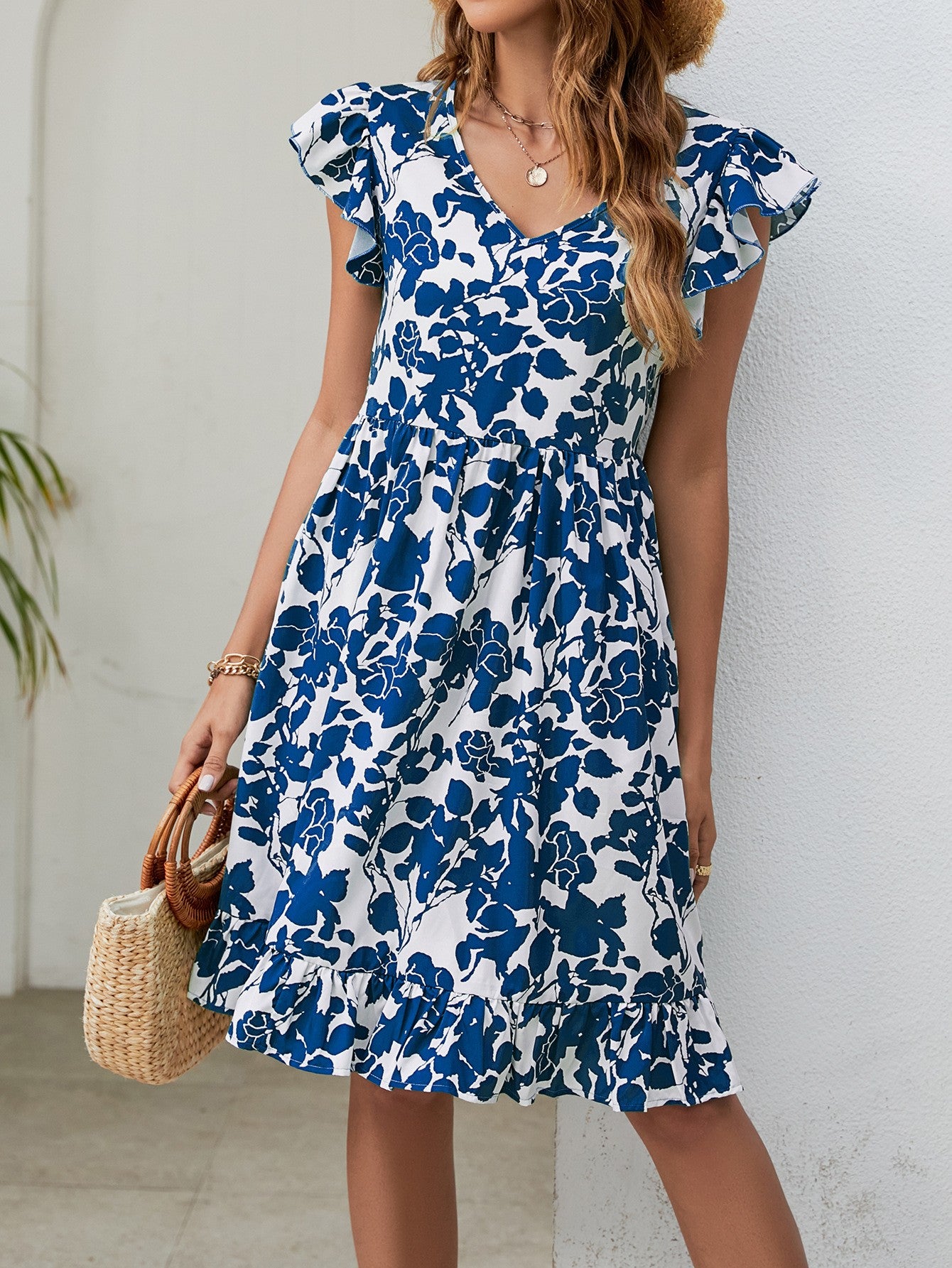 Fashionable summer leaf print V-neck ruffled sleeveless A-line dress from Eternal Gleams