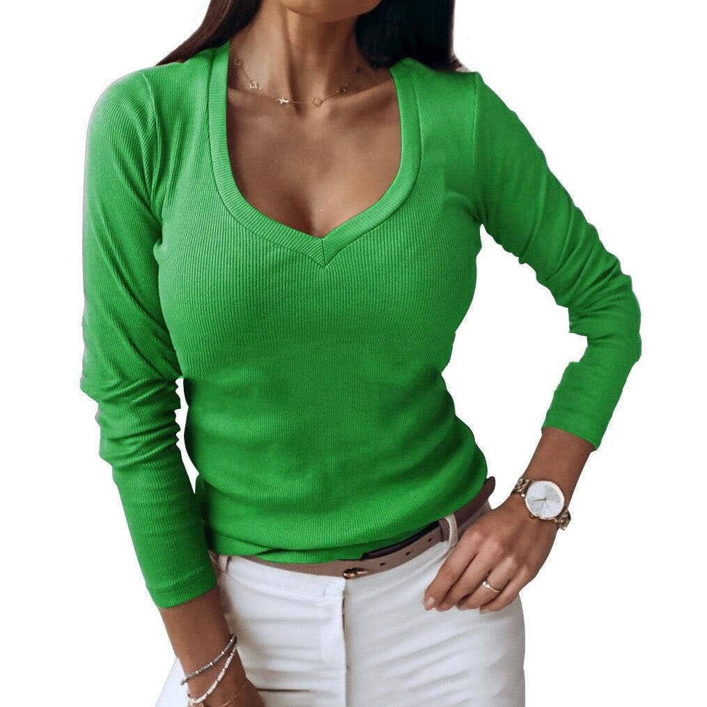 Women's V-neck Ribbed Long-sleeved Shirt from Eternal Gleams