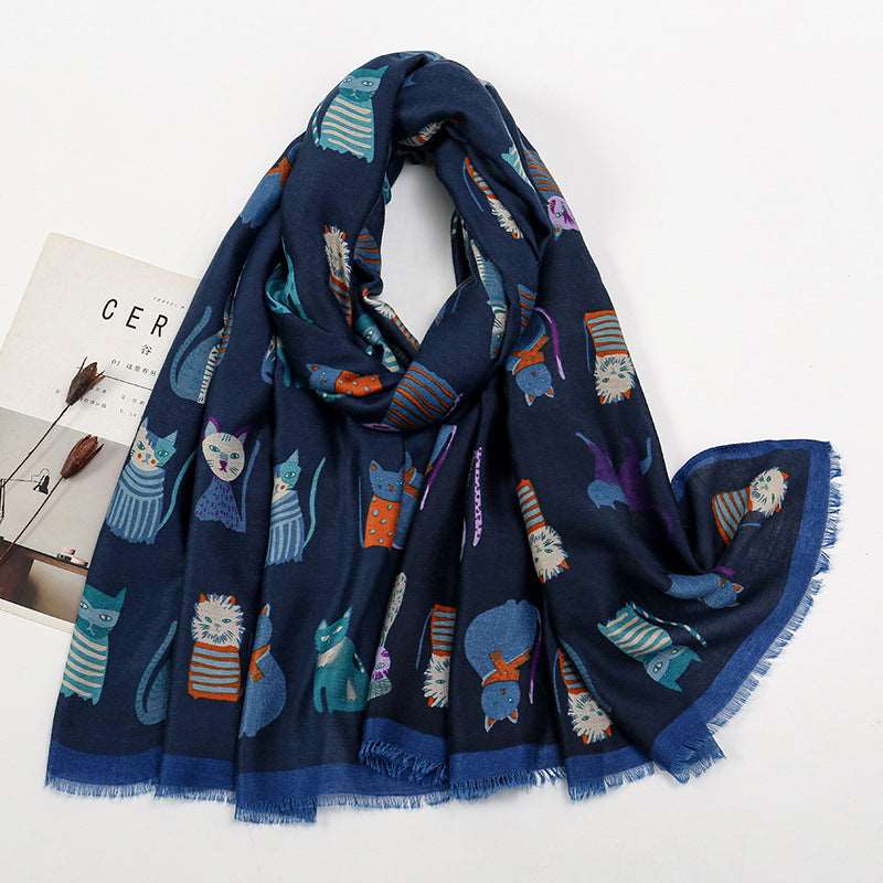 Autumn And Winter Polyester Long Scarf Female Cartoon Cat