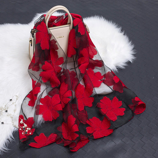 Floral Elegance: Hollow Silk Scarf from Eternal Gleams