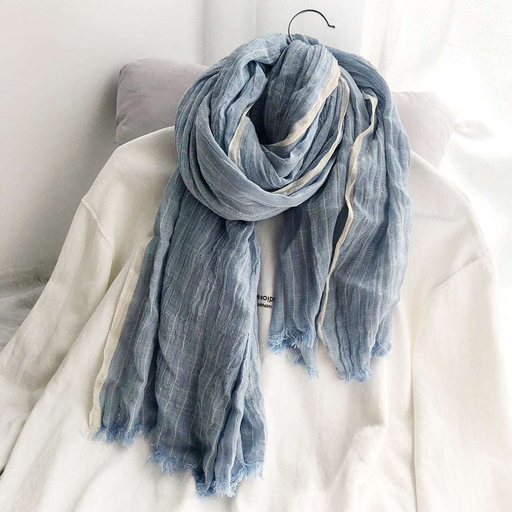 Autumn And Winter Striped Cotton And Linen Pleated Scarf Shawl