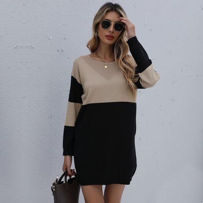 Pullover Round Neck Loose Knitted Stitching Contrast Color Woolen Skirt