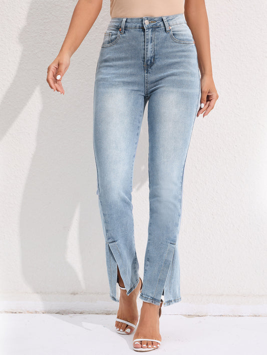 Commuter Split Straight Pants Fashionable Stretch Washed Jeans from Eternal Gleams