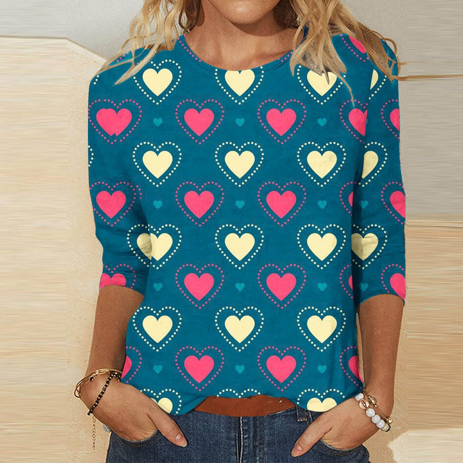 Valentine's Day Female With Hearts Printing Crew Neck T-shirt Top from Eternal Gleams