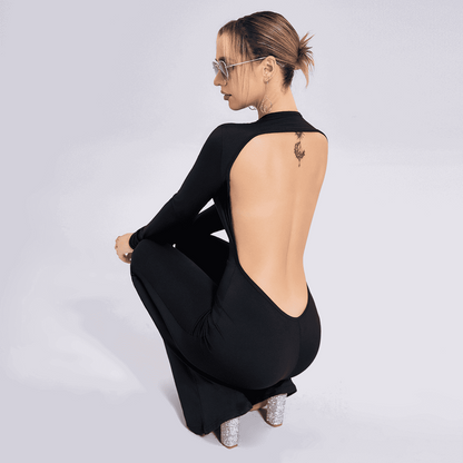 Sleek Chic: Long-Sleeved Open-Back Jumpsuit