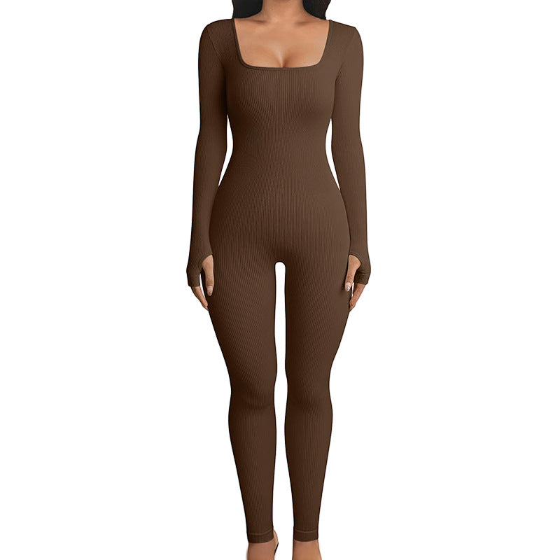 Seamless long sleeve shapewear hip lift yoga jumpsuit in black, white, and coffee | Eternal Gleams