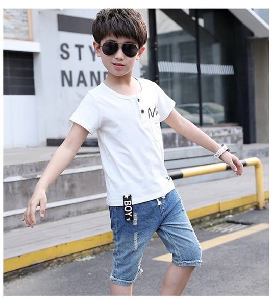 Vêtements d'été pour enfants, t-shirt et short en jean pour garçons, 2 pièces