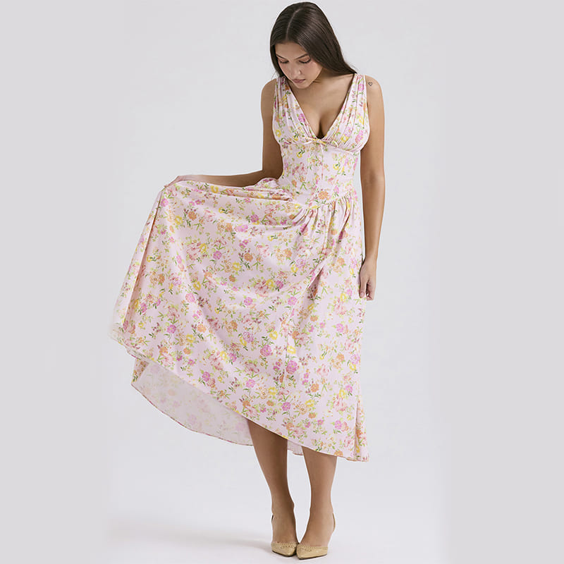 Floral Pleated A-Line Dress with Pockets