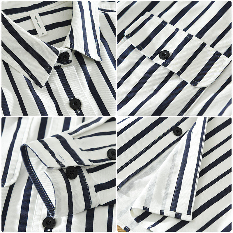 Youth Loose Fit Striped Cotton Cardigan Shirt - Japanese Retro Style, Available in White and Brown | Eternal Gleams